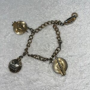 Vintage Gold Toned Charm Bracelet Space-Themed Charms Telephone Balloon Rocket